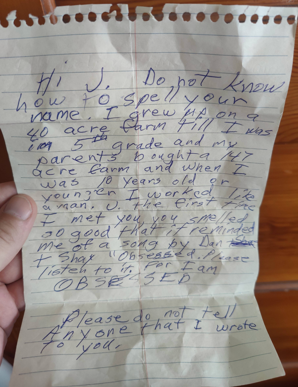 Handwritten letter recalling childhood on a farm; shares memories of parents, a song titled &quot;Obsession&quot; by Animotion, and a request for secrecy