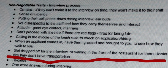 Summary of text: The image lists interview process traits, including punctuality, sense of urgency, eye contact, great tips, and getting dropped off