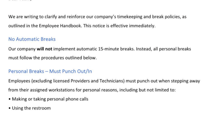 Summary of break policy update: No automatic 15-minute breaks. Personal breaks require punching out/in. Specific tasks listed, apply when away from workstations