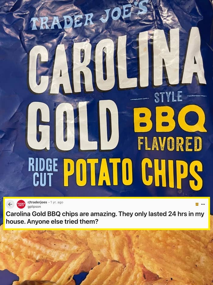 Bag of Trader Joe's Carolina Gold BBQ flavored ridge-cut potato chips