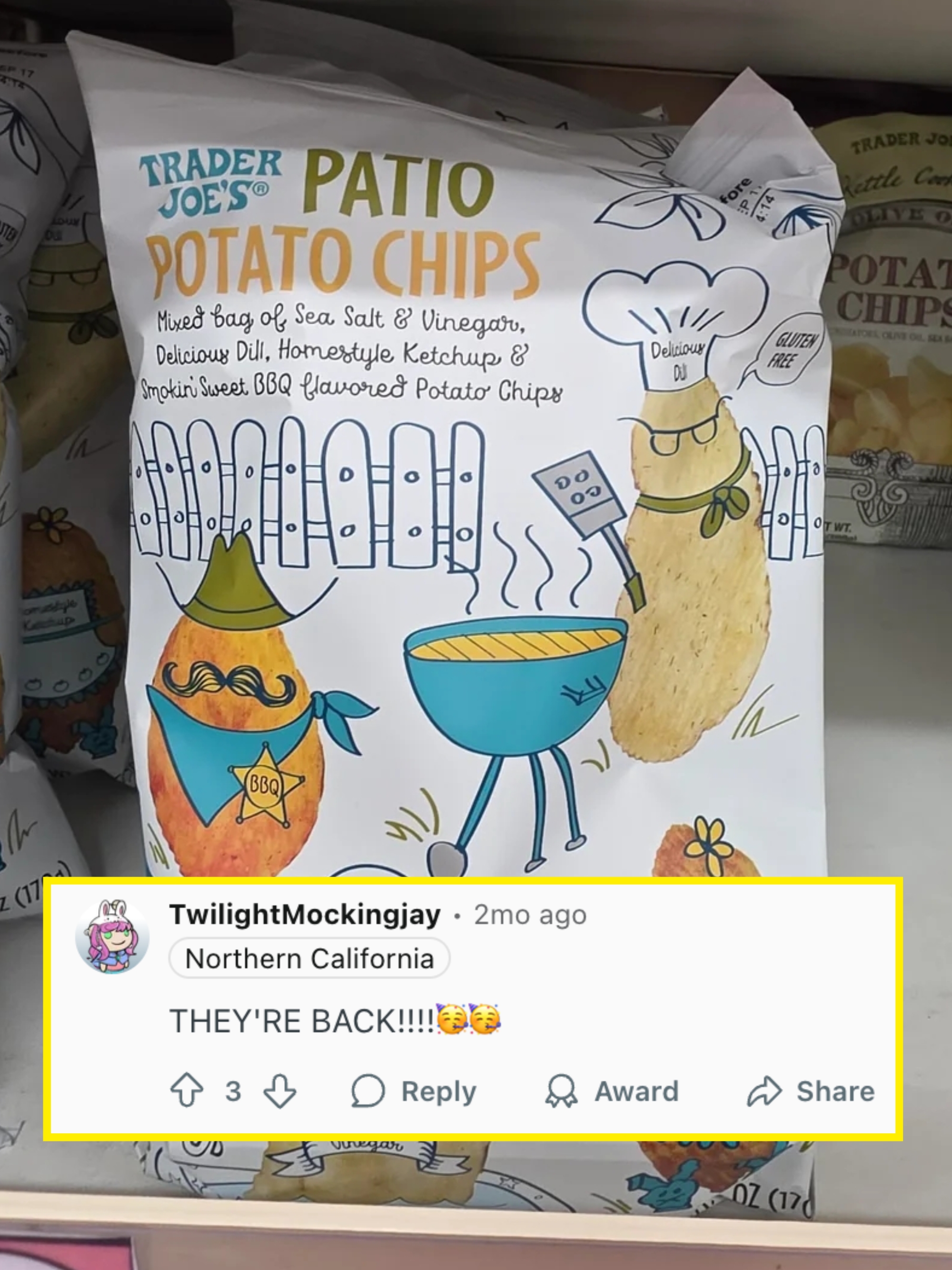 Bag of Trader Joe's Patio Potato Chips on a shelf, featuring illustrated potato characters with grilling and condiment-themed outfits