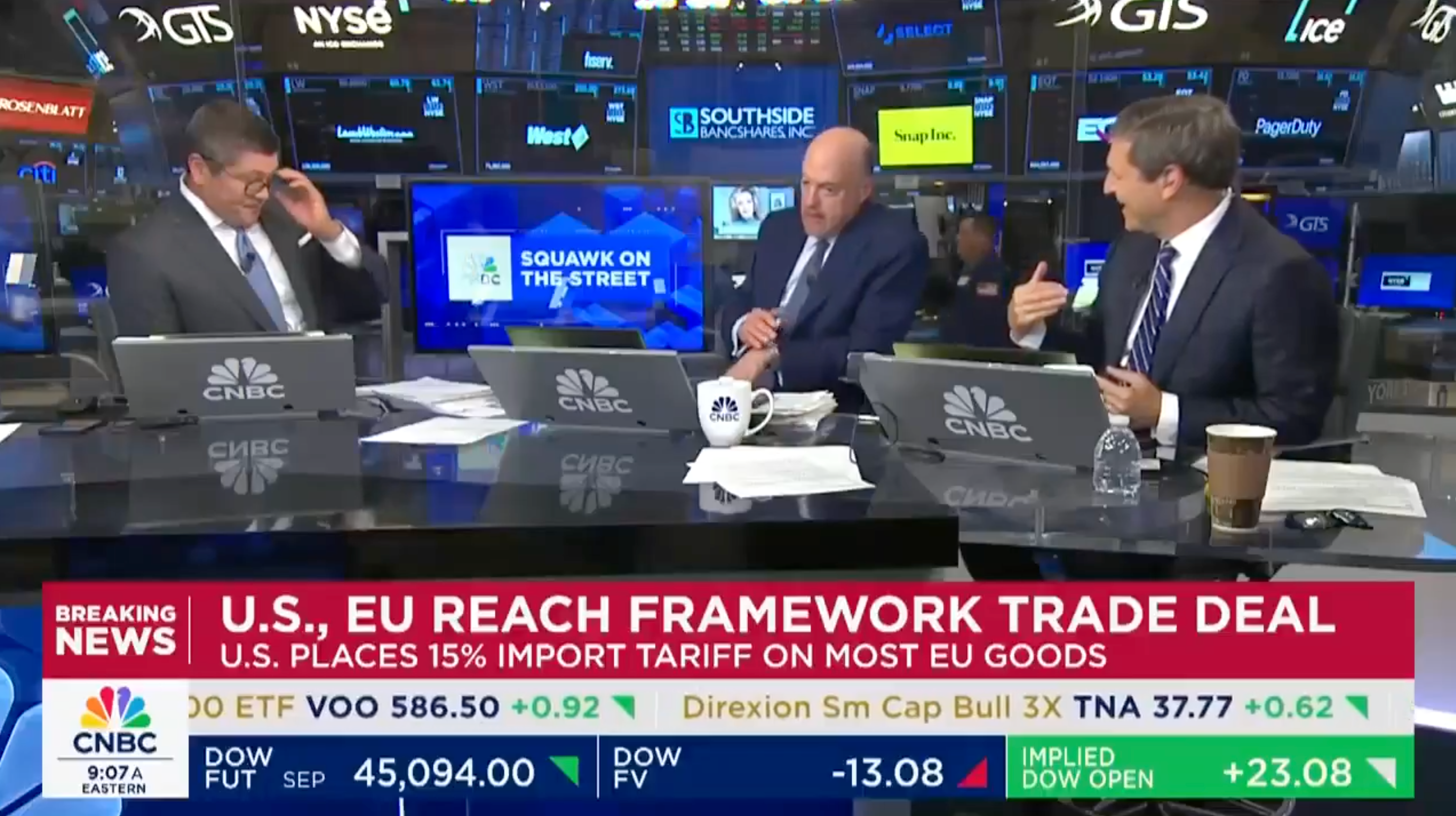 News broadcast shows anchors discussing a U.S.-EU framework trade deal, with a 15% U.S. import tariff on most EU goods