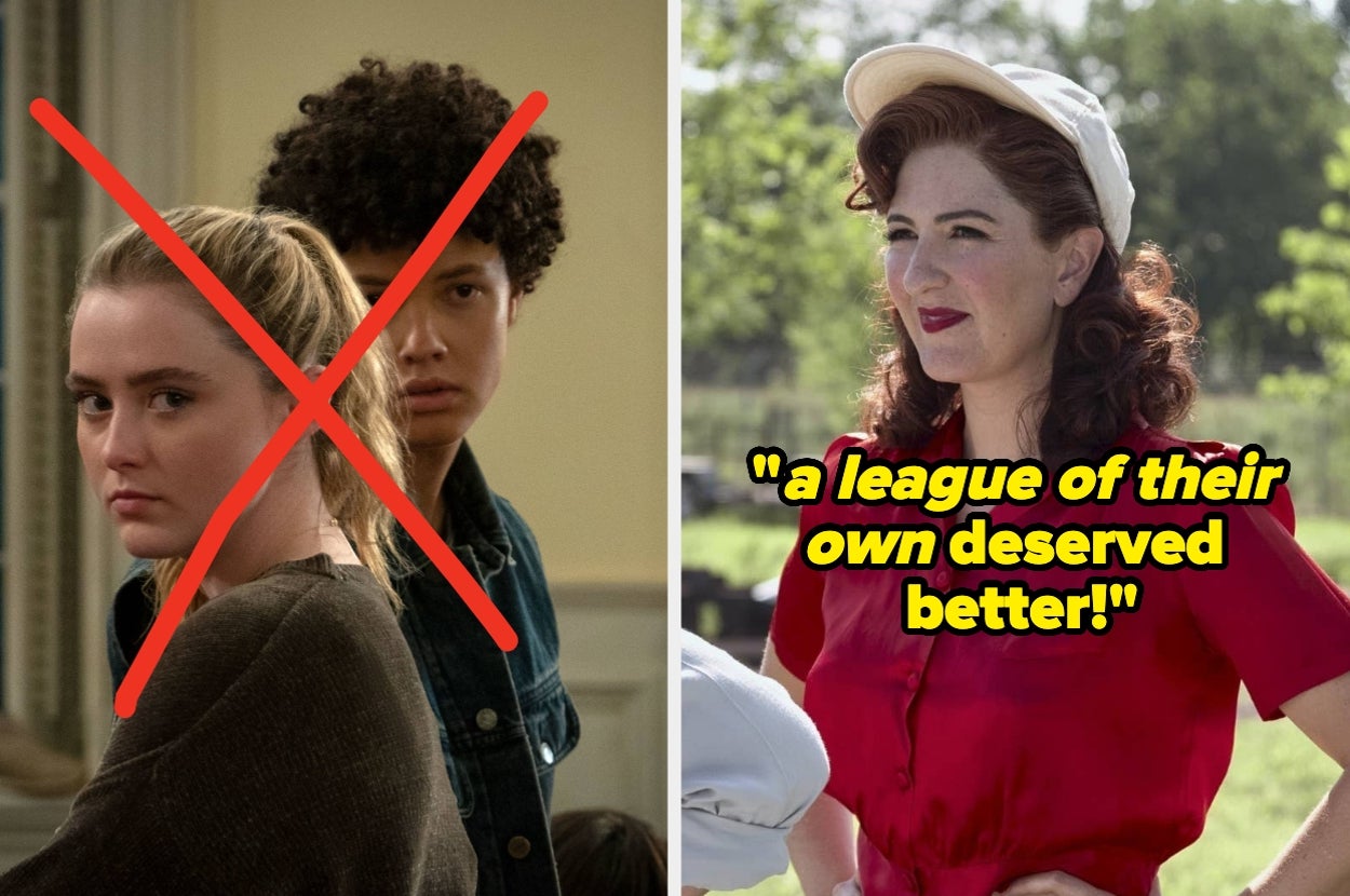 Two images: Left shows two serious-faced people; a large red X is over them. Right shows a woman in 1940s-style clothing with text: "a league of their own deserved better!"