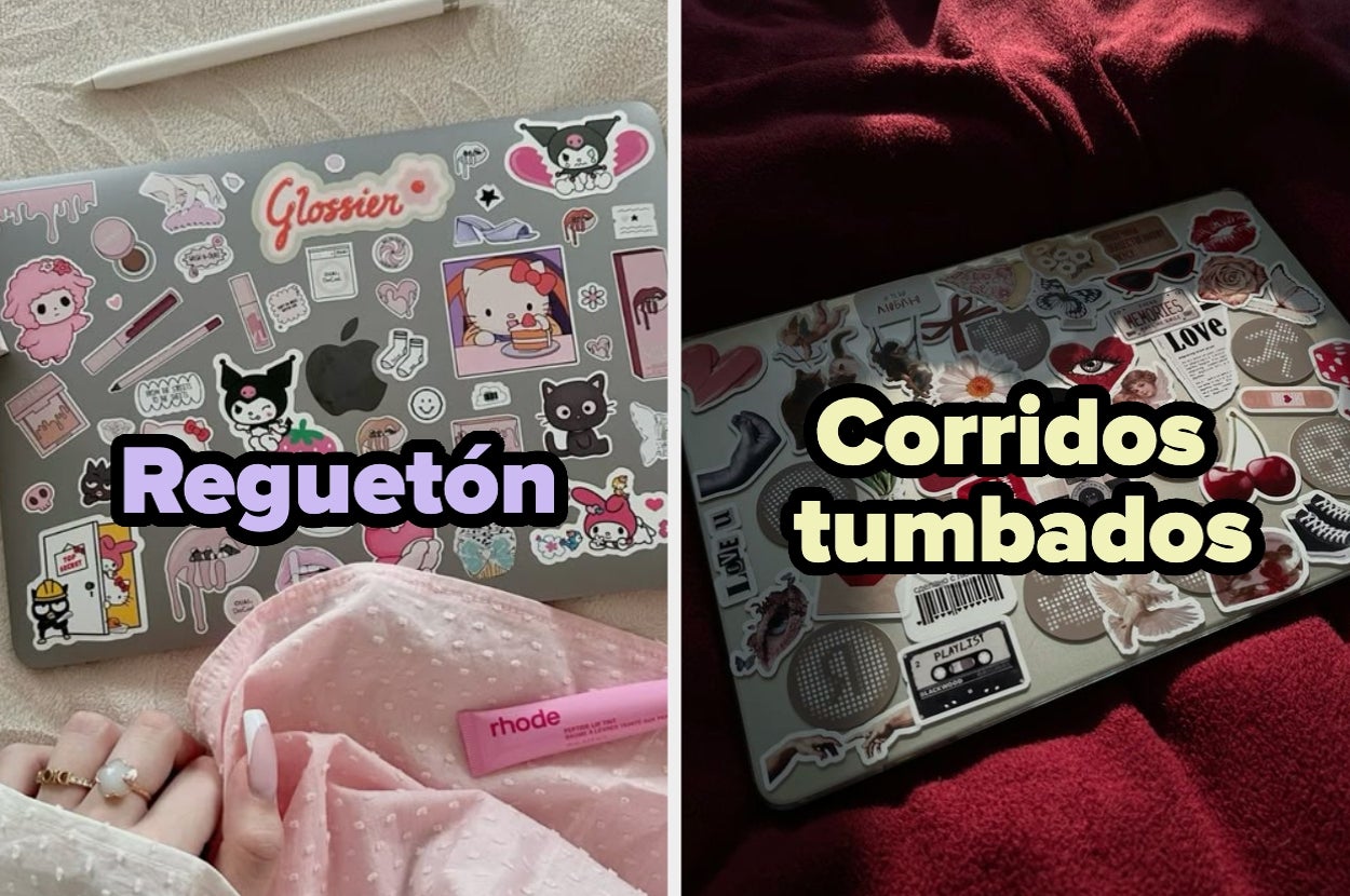 Dos laptops con calcomanías: una etiquetada "Reguetón" con diseños coloridos, la otra "Corridos tumbados" con imágenes variadas y un pañuelo rojo