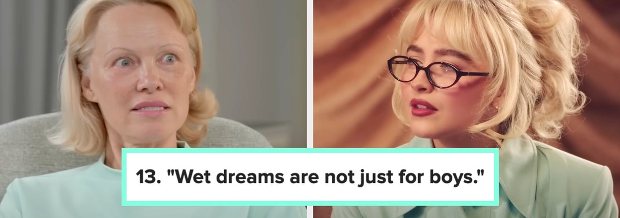 Split image: Left shows a concerned woman speaking. Right shows a woman with glasses, blonde hair, responding. Text reads, "13. 'Wet dreams are not just for boys.'"
