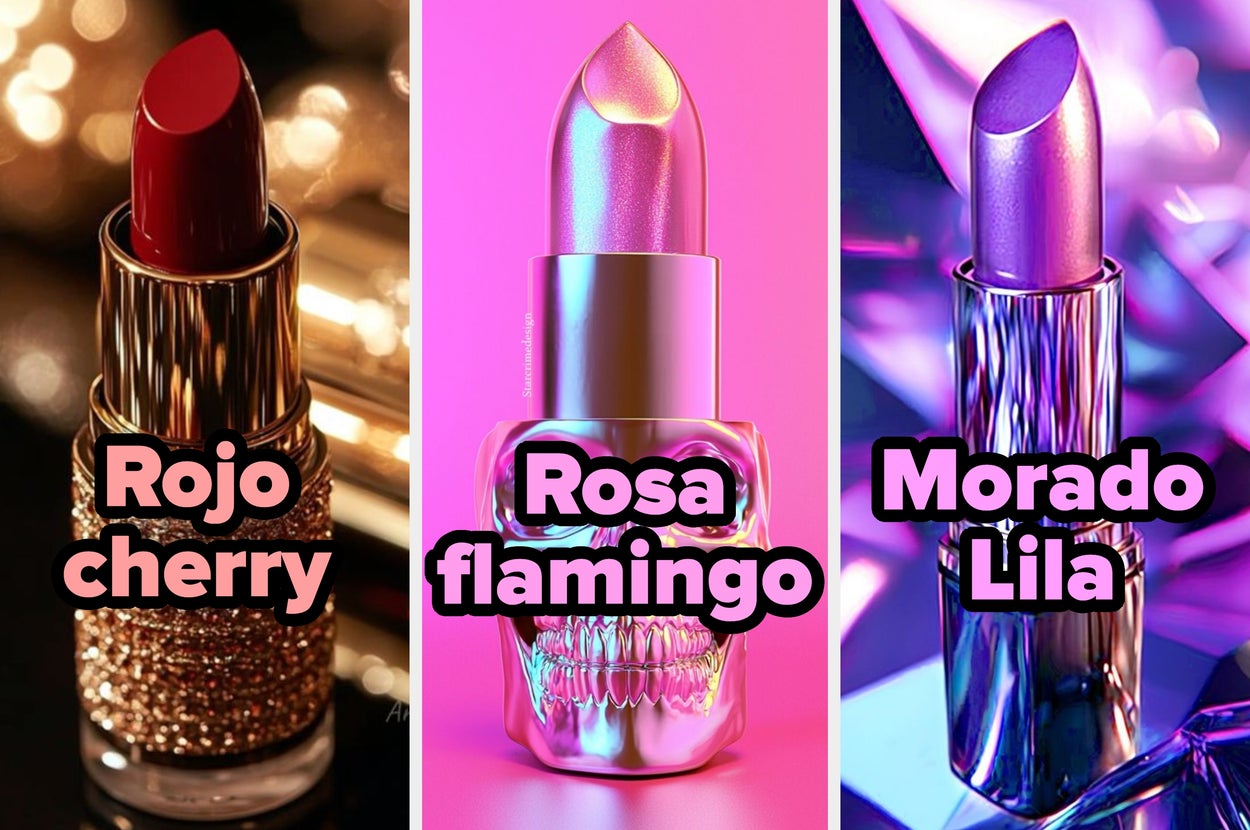 Tres labiales en exhibición: uno en rojo cereza con base dorada brillante, otro en rosa flamenco con base decorativa y el último en tono rosado metálico