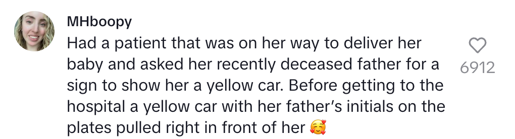 Story of a patient who saw a yellow car with her deceased father's initials on it as a sign before giving birth