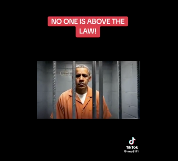 Photo of a man behind bars wearing an orange jumpsuit, above text: &quot;No one is above the law!&quot;