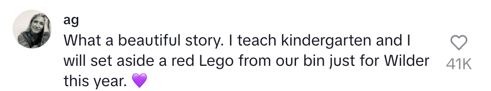 A person comments, praising a story and mentioning they'll keep a red Lego for Wilder in their kindergarten class, with a heart emoji