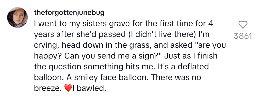 A text post shares a personal story about visiting a sister's grave, crying, and receiving a sign with a deflated smiley face balloon, leading to tears