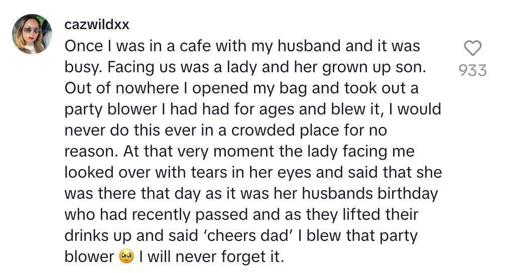 A woman recounts blowing a party blower in a cafe, unknowingly celebrating a man's birthday, whose wife shared the emotional significance
