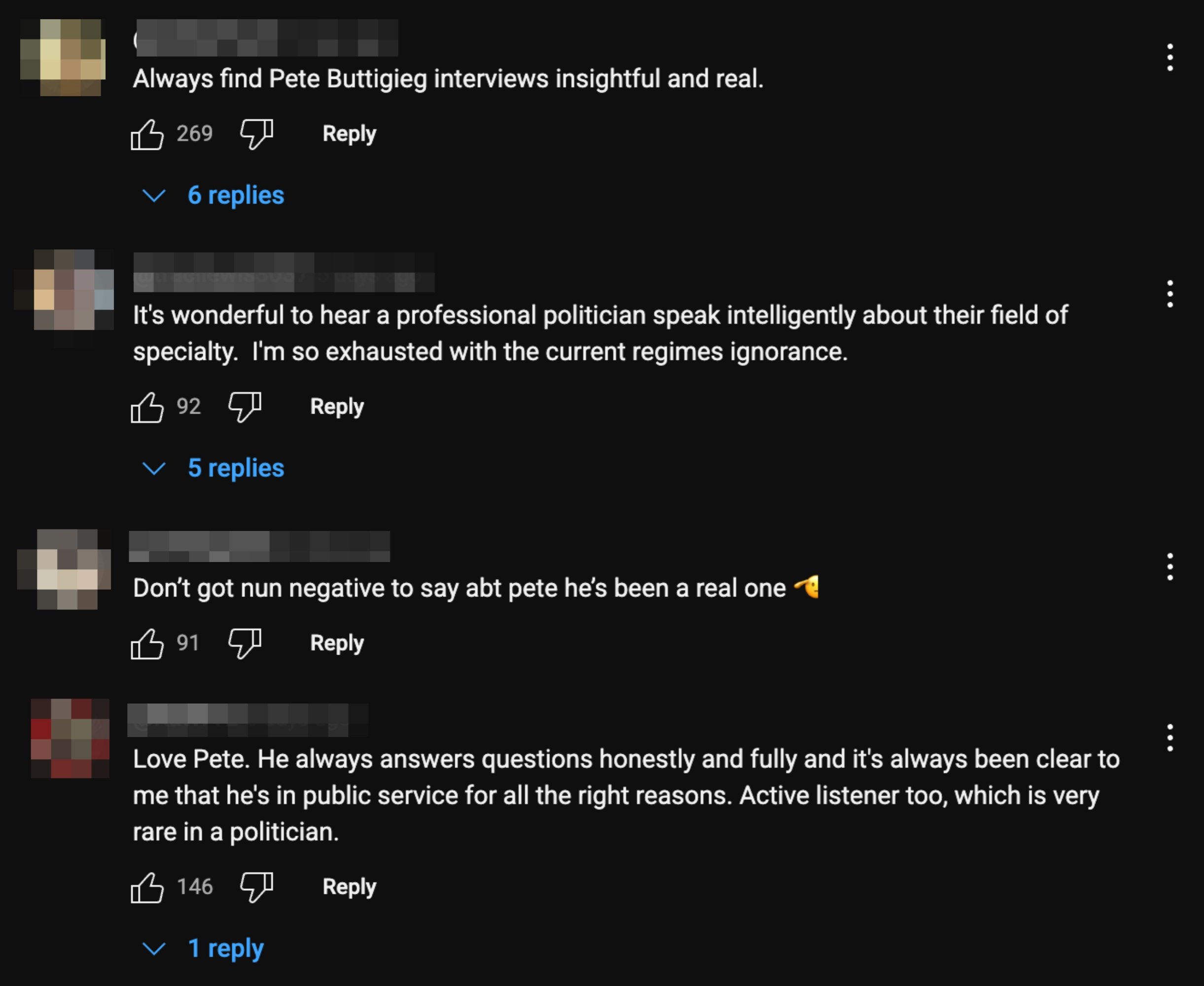 Comments praise Pete Buttigieg for insightful interviews, his eloquence on political matters, honesty, and having a rare public service career