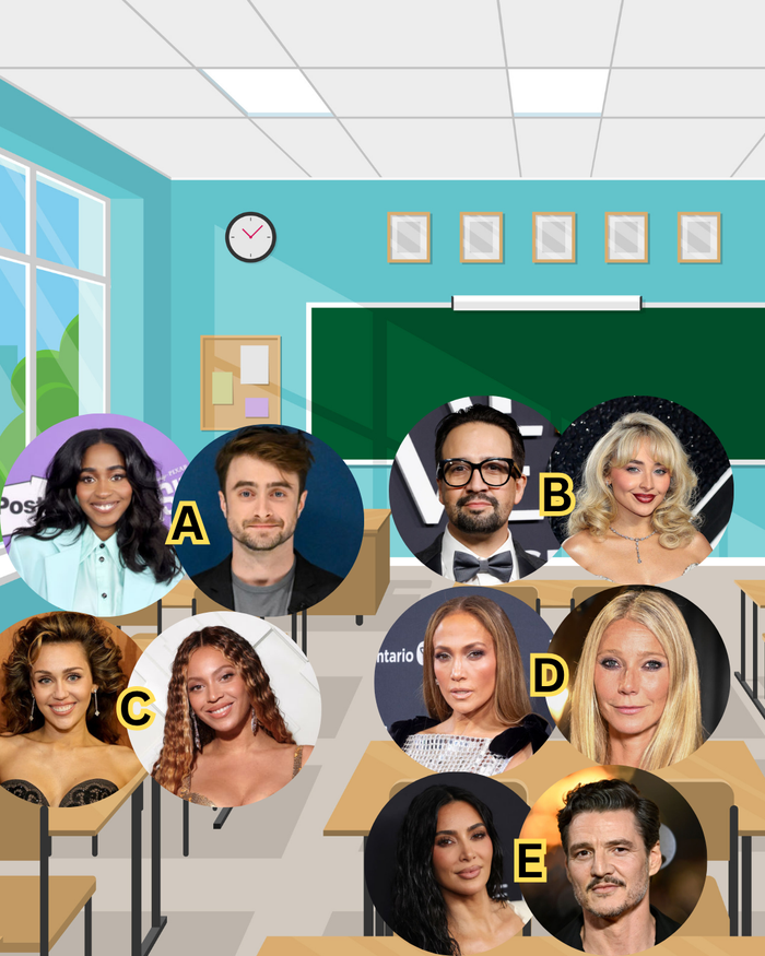 A is Ayo Edibiri and Daniel Radcliffe; B is Lin Manuel Miranda and Sabrina Carpenter; C is Miley Cyrus and Beyonce; D is JLo and Gwyneth Paltrow; E is Kim Kardashian and Pedro Pascal
