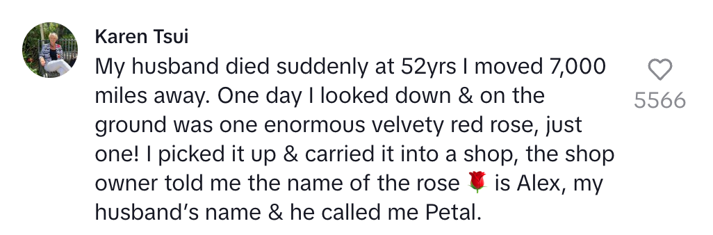 Woman shares a touching story about discovering a rose named after her late husband, Alex, who called her Petal