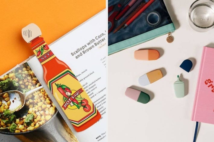 Hot sauce bottle bookmark on cookbook, colored erasers, and stationery on a desk