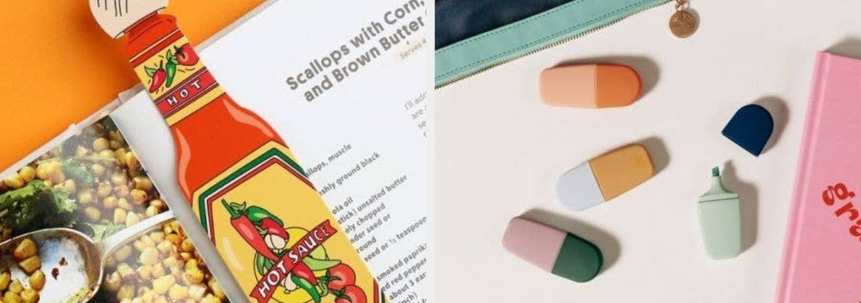 Hot sauce bottle bookmark on cookbook, colored erasers, and stationery on a desk