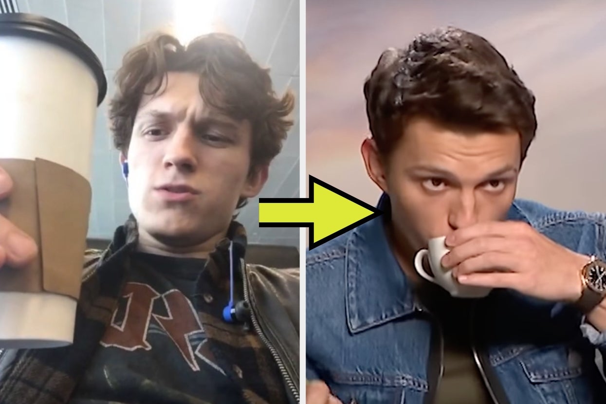 Tom Holland on left holds a large coffee cup; on the right he sips from a small tea cup