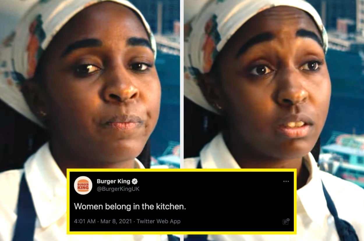 A chef in a kitchen, next to a tweet from Burger King UK saying, "Women belong in the kitchen."