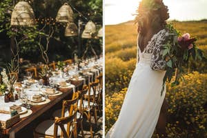Split image: Left shows an elegant outdoor banquet table; right shows a person in a lace-sleeved dress walking through a field, holding flowers