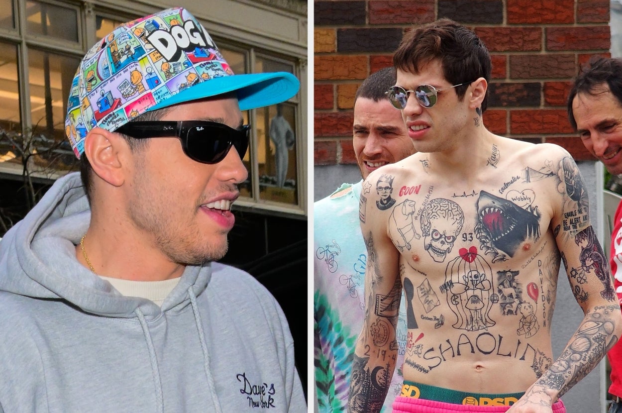 Person in comic-patterned cap and sunglasses on left; shirtless with numerous tattoos on right, surrounded by others casually chatting