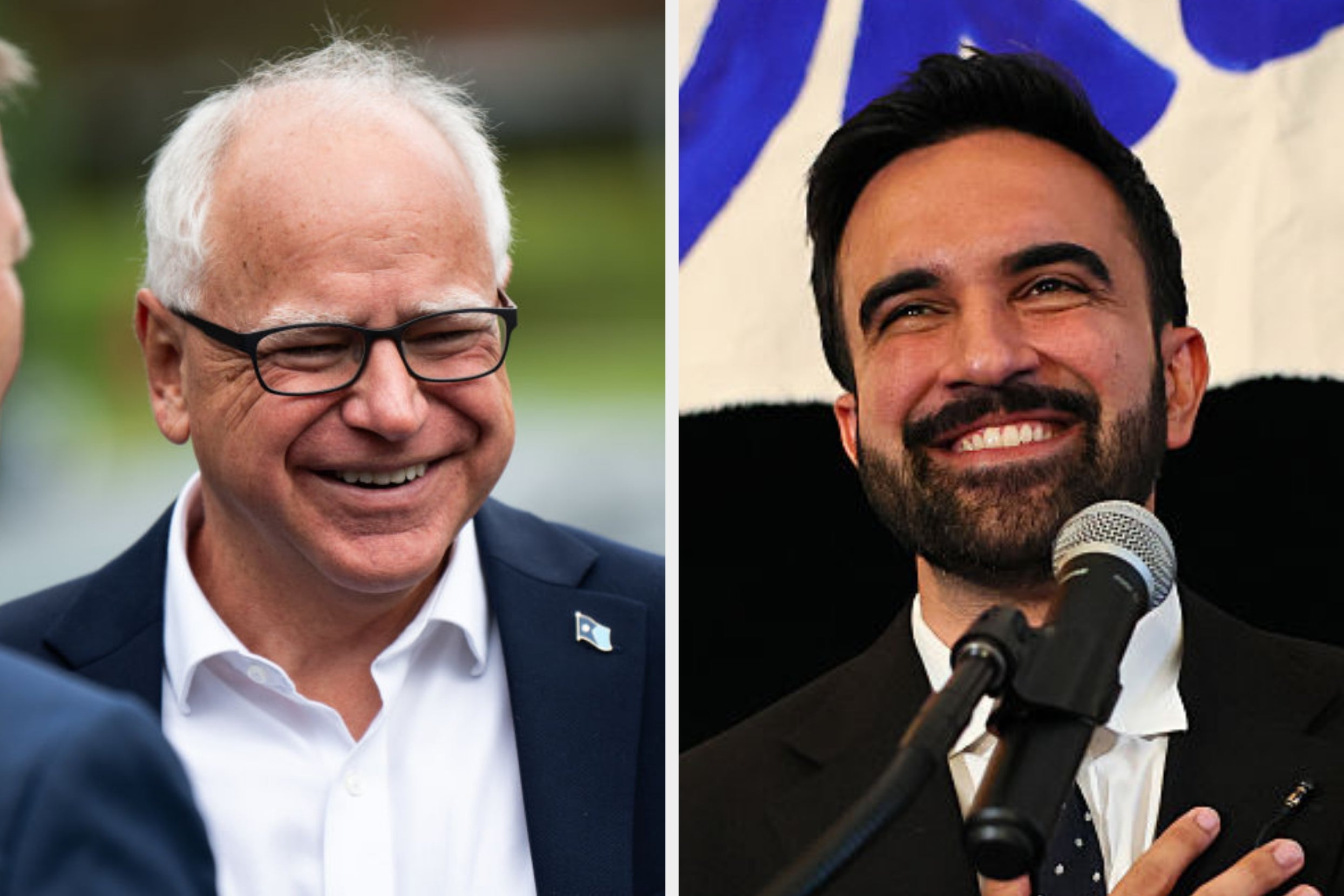 Walz and Zohran in suits speak at public events, smiling; one with glasses on the left and the other with a microphone on the right