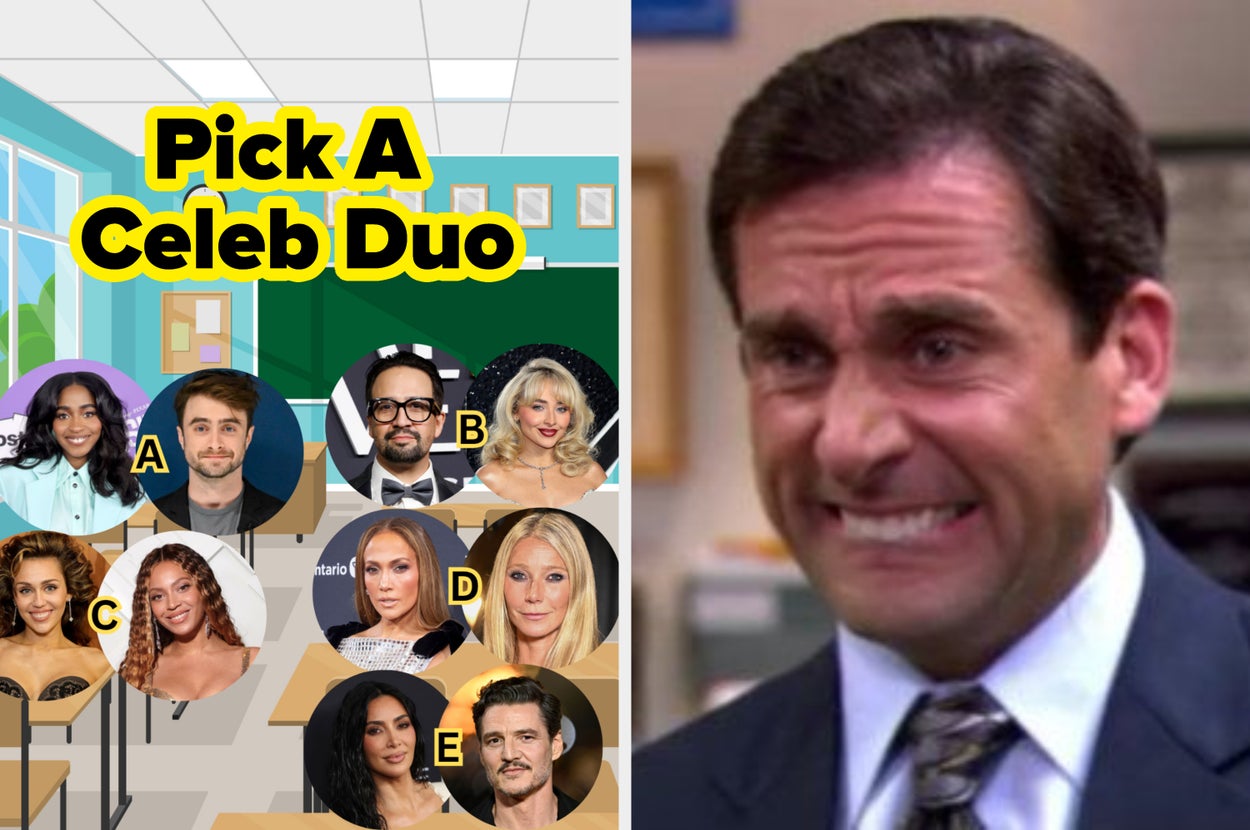 Collage with celebrity duo options labeled A-E on the left; right side shows a man in a suit grimacing