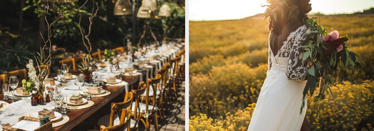 Split image: Left shows an elegant outdoor banquet table; right shows a person in a lace-sleeved dress walking through a field, holding flowers