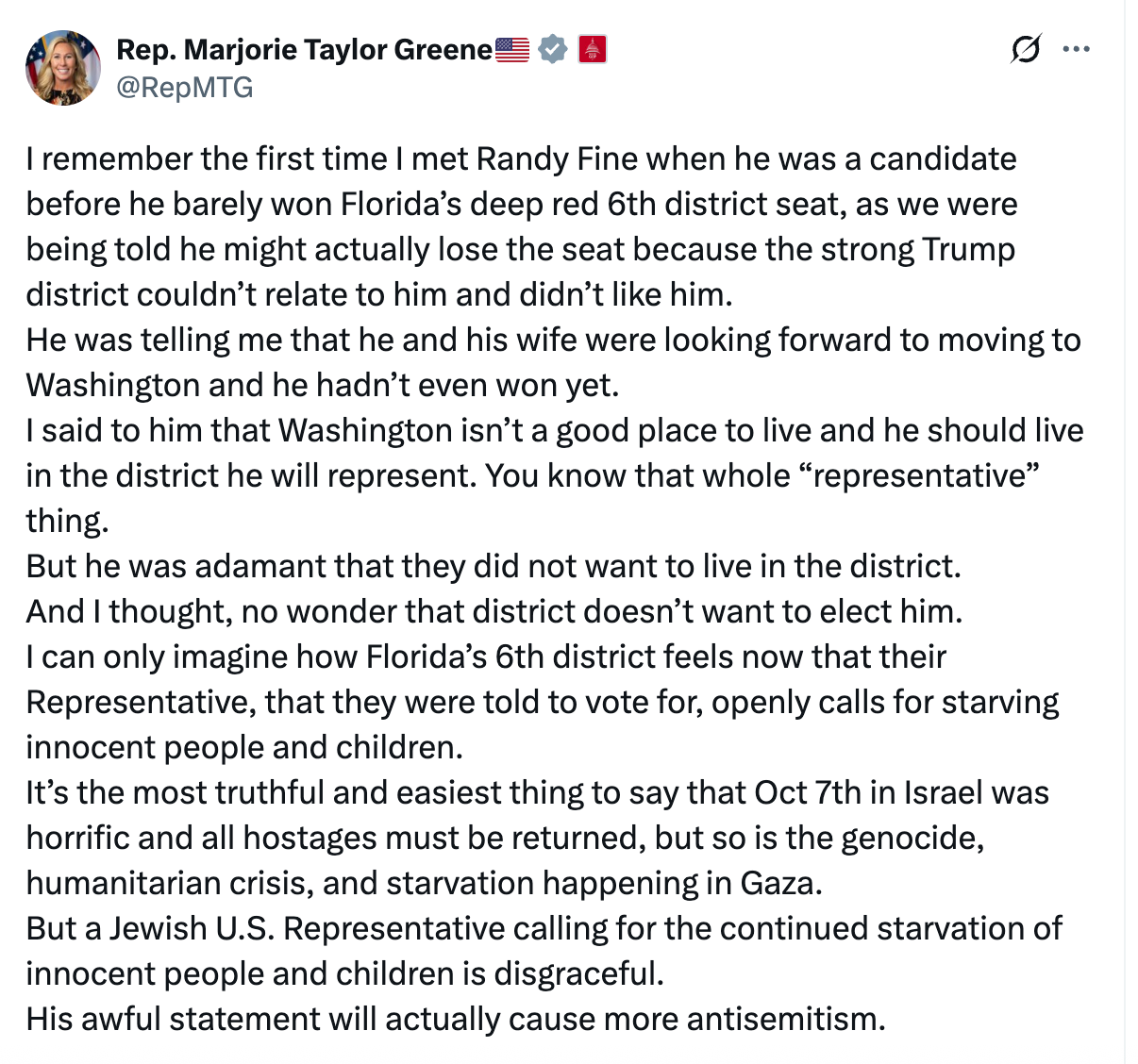 Summary of the tweet: Rep. Marjorie Taylor Greene discusses meeting Randy Fine, his reluctance to move to his district, and criticizes U.S. and Israel policy