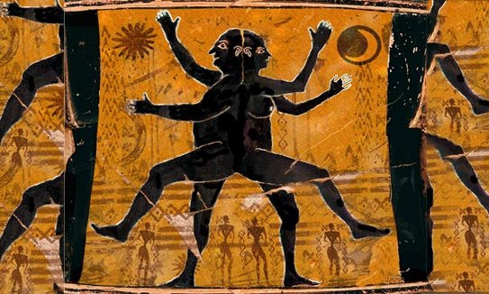 Ilustración de figuras mitológicas con varios brazos y piernas entrelazadas, destacando un estilo artístico antiguo