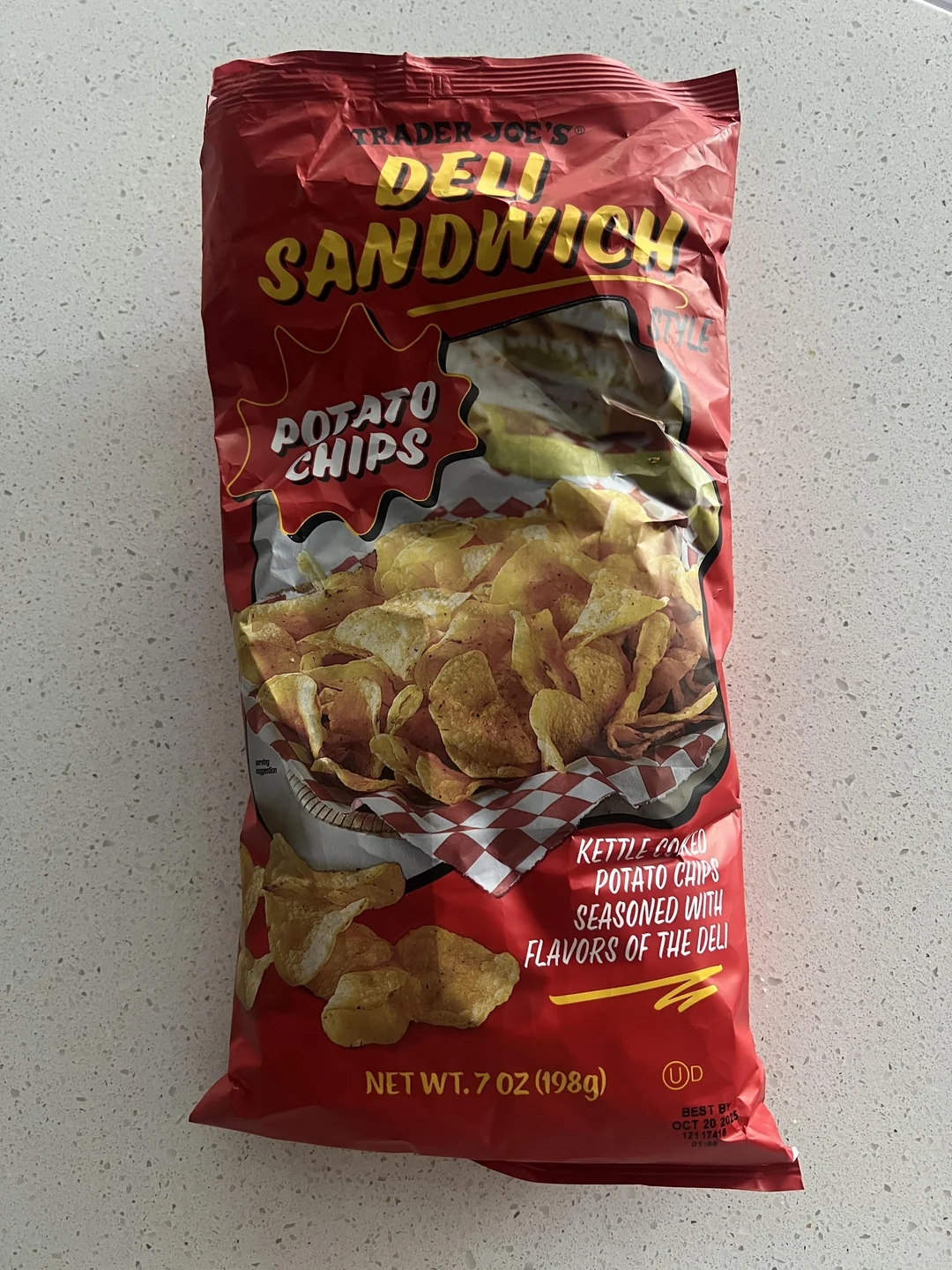 Bag of Trader Joe's Deli Sandwich Kettle Cooked Potato Chips, seasoned with deli flavors