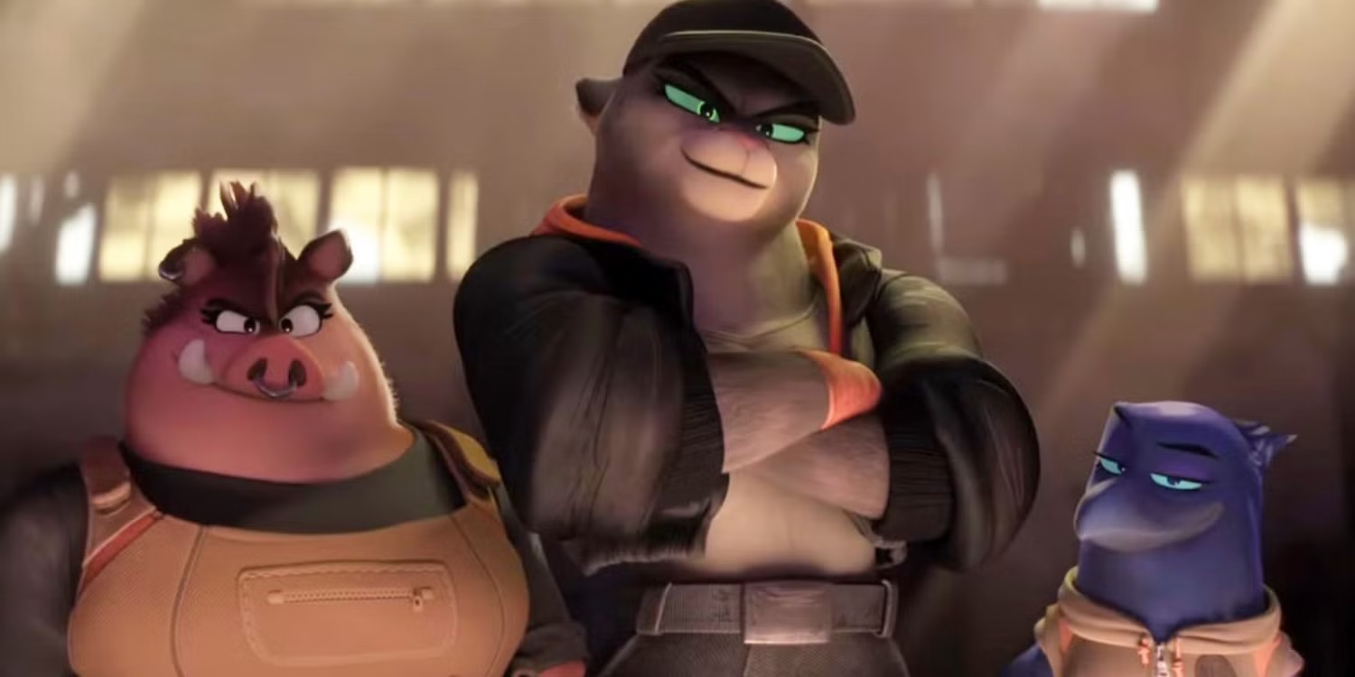 Tres personajes animados con expresiones desafiantes y ropa urbana posan juntos; uno lleva gorra