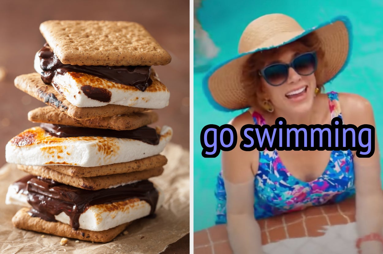 On the left, a stack of s'mores, and on the right, Kristen Wiig smiling in a pool, wearing a sun hat, sunglasses, and a floral bathing suit as Star in Barb and Star Go to Vista Del Mar labeled go swimming