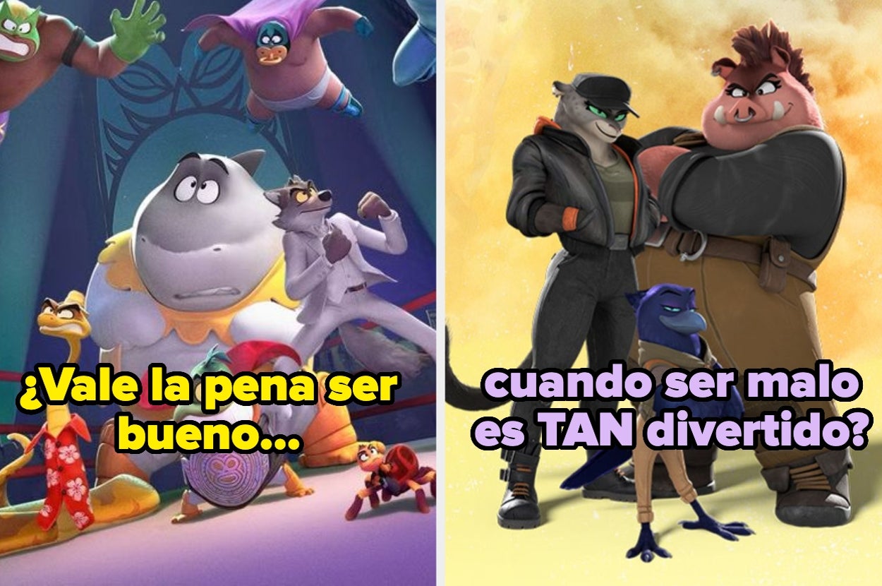 Personajes animados realizan distintas acciones; destacan frases: "¿Vale la pena ser bueno... cuando ser malo es TAN divertido?"