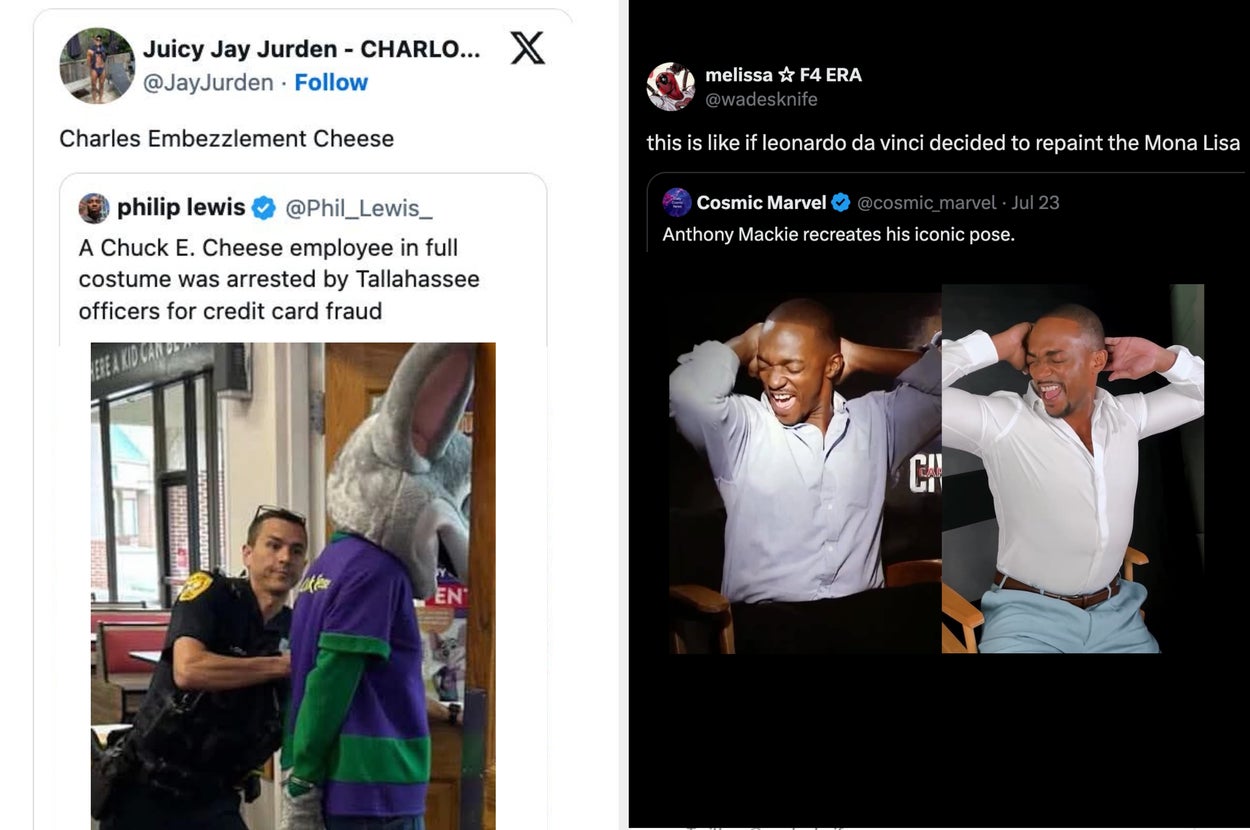 Two side-by-side tweets: one shows a costumed character being arrested, the other features a man recreating a painting pose