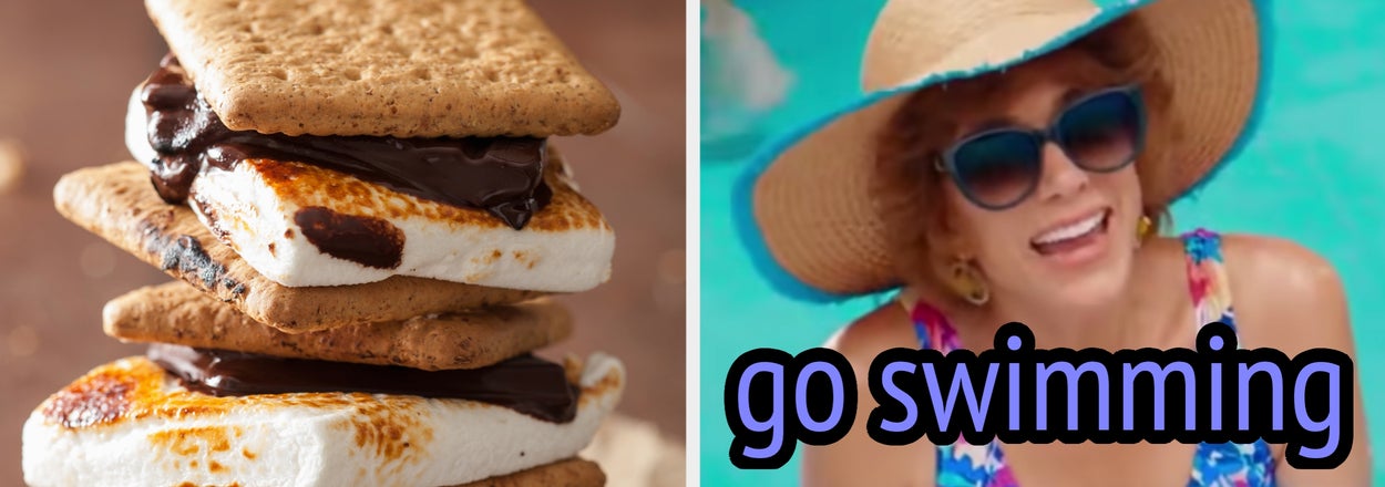 On the left, a stack of s'mores, and on the right, Kristen Wiig smiling in a pool, wearing a sun hat, sunglasses, and a floral bathing suit as Star in Barb and Star Go to Vista Del Mar labeled go swimming