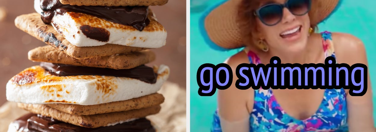 On the left, a stack of s'mores, and on the right, Kristen Wiig smiling in a pool, wearing a sun hat, sunglasses, and a floral bathing suit as Star in Barb and Star Go to Vista Del Mar labeled go swimming