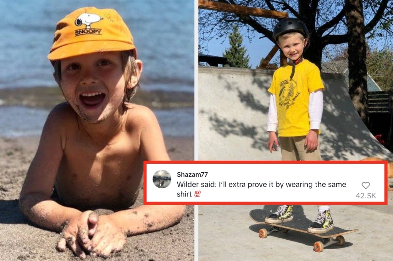 Child in orange cap smiles on beach; another child in helmet stands on skateboard. Text overlay: "Wilder said: I'll extra prove it by wearing the same shirt."