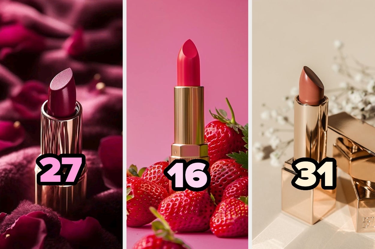 Tres barras de labios numeradas: 27 sobre pétalos, 16 entre fresas, 31 sobre fondo neutro y hojas