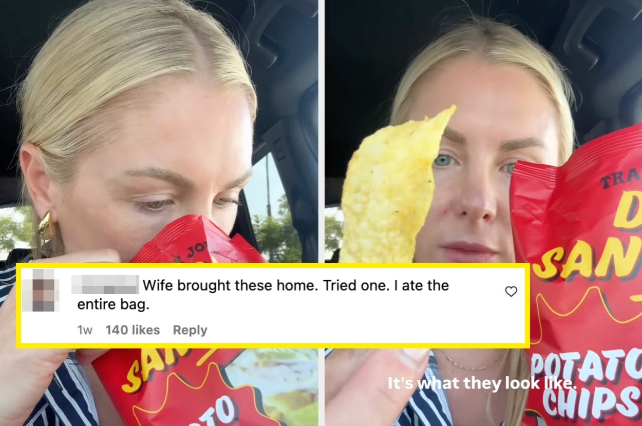 Person eating potato chips from a red bag, showing excitement and enjoyment. Text overlay mentions finishing the entire bag