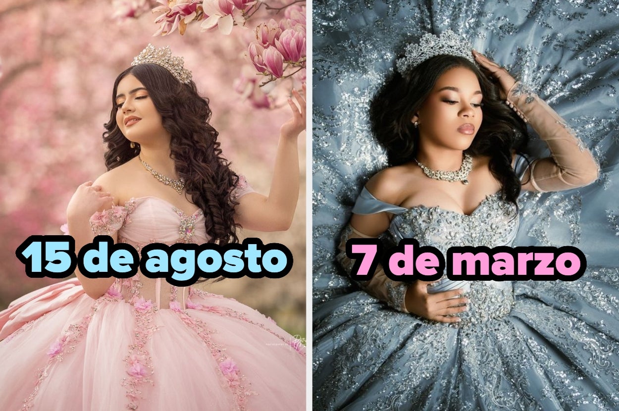 Dos mujeres con vestidos de gala elaborados y coronas posan: una en exterior floreado, otra en interior glamuroso. Texto: "15 de agosto", "7 de marzo"