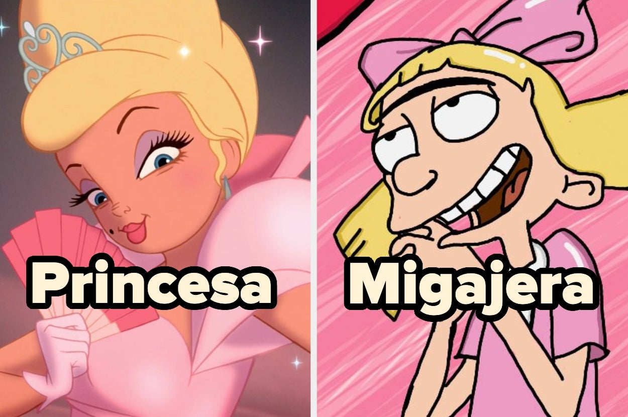 Imagen dividida de dos personajes animados, uno vestido de princesa y otro con una expresión traviesa, ambos en ropa elegante. Texto: "Princesa Migajera"
