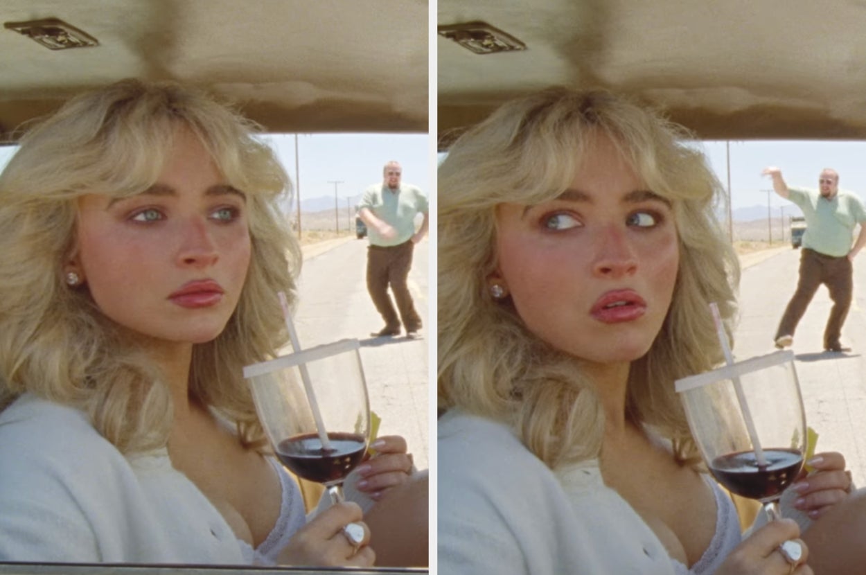 Woman with curly hair looks concerned sitting in a vehicle, holding a clear cup with red drink. A person gestures dramatically outside the window
