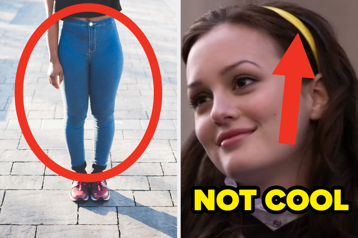 A photo shows legs in jeans with a red circle next to an image of a woman with a headband. Text says "Not Cool" with a red arrow pointing at the headband