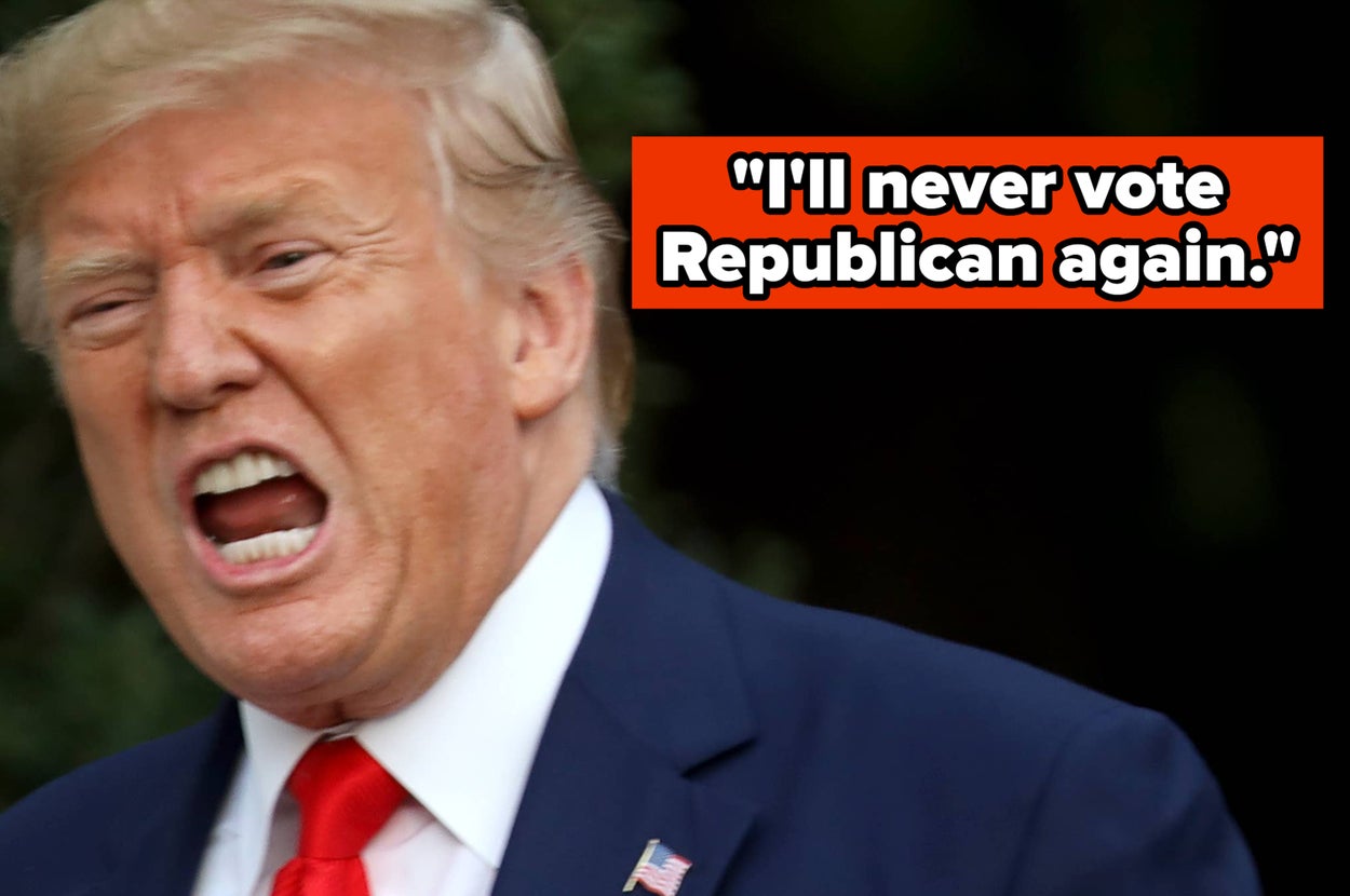 A person in a suit appears upset on the left. On the right, police escort a person carrying a chair; overlay text reads: "I'll never vote Republican again."