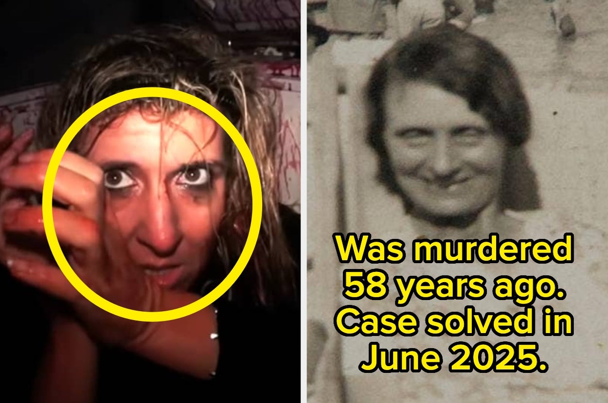 Person on the left with intense expression. Image on the right: Black-and-white photo of a woman with text: "Was murdered 58 years ago. Case solved in June 2025."