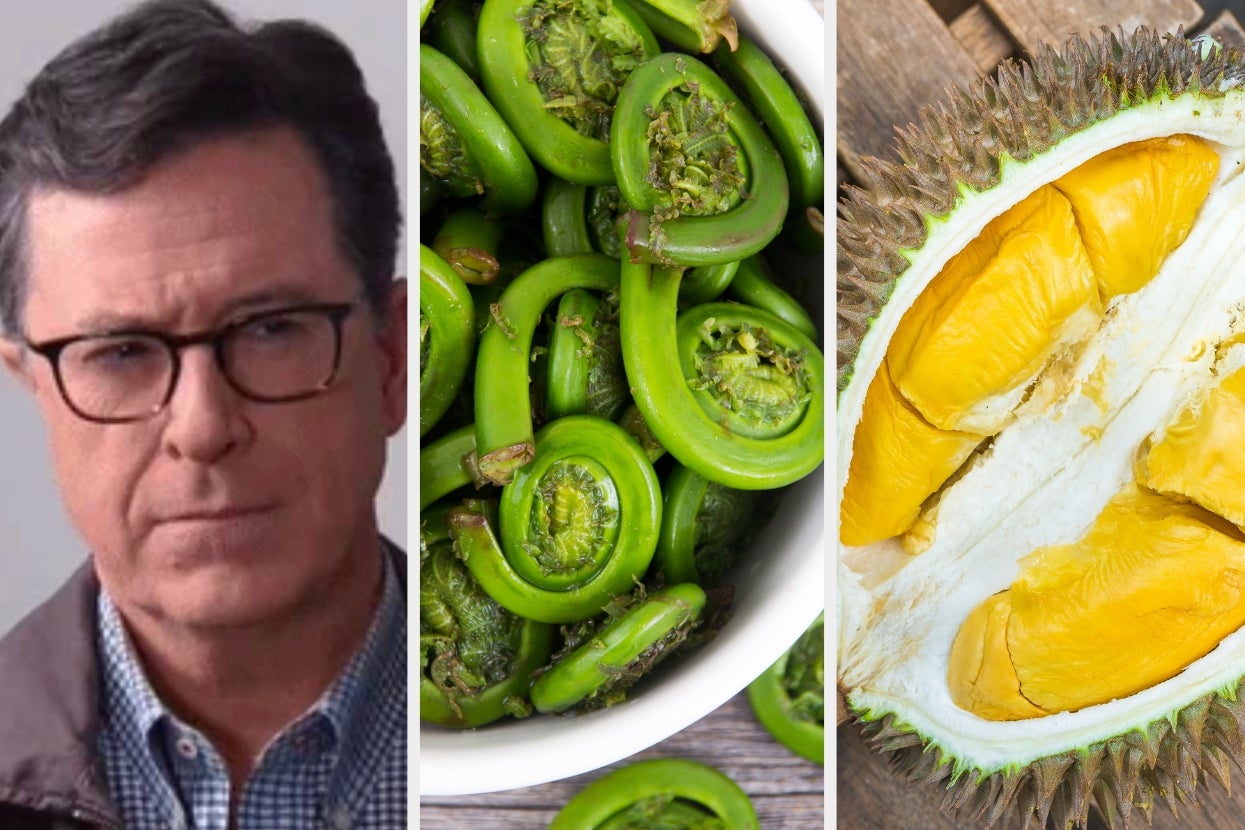 A person with glasses looks serious; next to them are fiddlehead ferns in a bowl and half a durian fruit with yellow flesh on a table