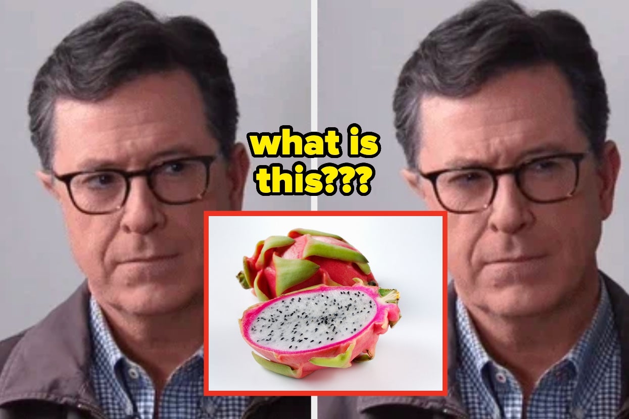 A man looks puzzled at a dragon fruit, with large text asking "what is this???"
