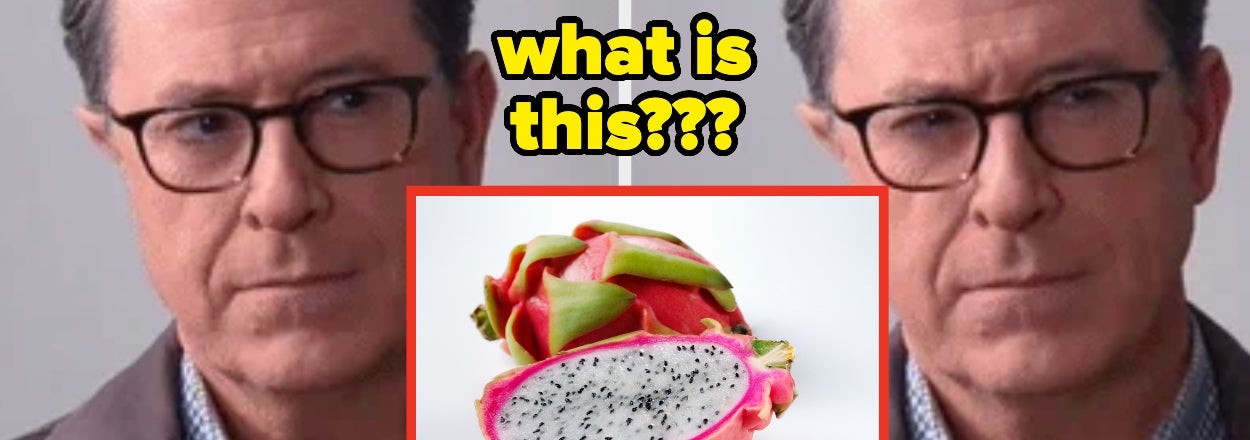 A man looks puzzled at a dragon fruit, with large text asking "what is this???"