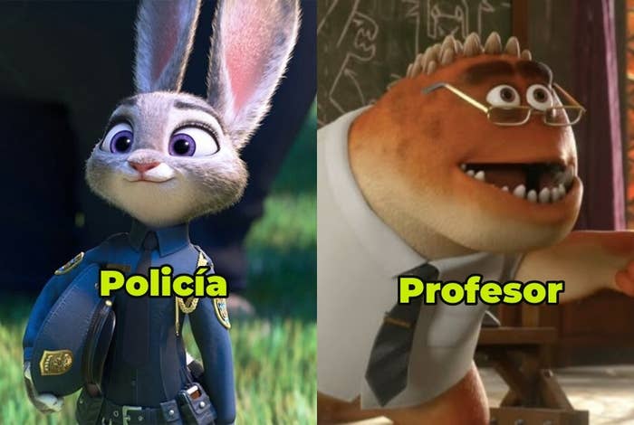 Dos personajes animados: una coneja policía y un monstruo profesor, uno al lado del otro, sonríen