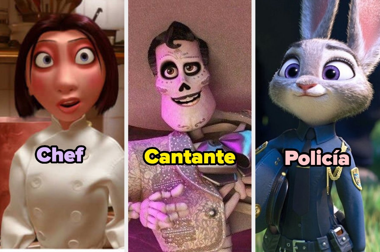 Tres personajes animados: una chef, un cantante con maquillaje de calavera y una policía coneja